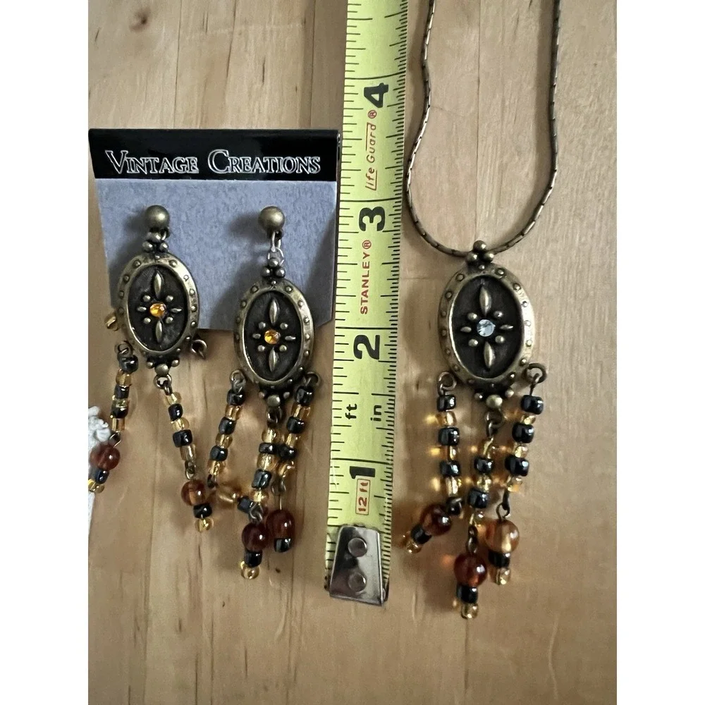 Boho Beaded Tassel Antique Gold Medallion Necklace Black Amber Earrings Set